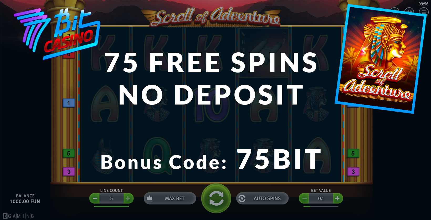 75 free spins no deposit on Scroll of Adventure slot